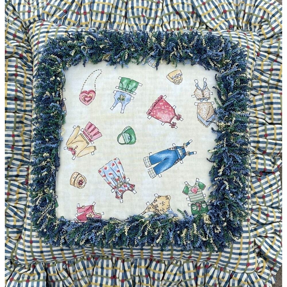 VTG Throw‎ Pillow Fringe Homemade Grandma Blue White 90s Retro Folk Art